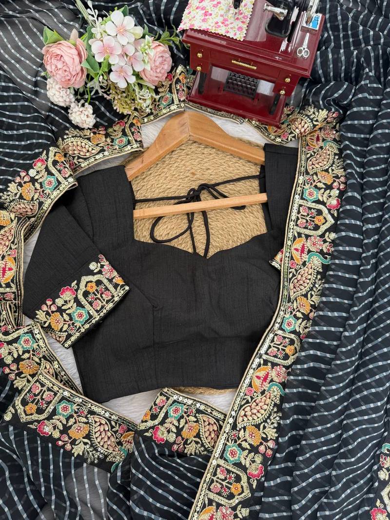 Black thread & sequins embroidered faux georgette bandhani print saree with unstitched banglori silk blouse