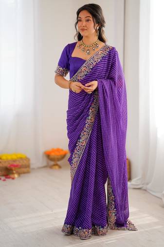 Purple thread & sequins embroidered faux georgette bandhani print saree with unstitched banglori silk blouse
