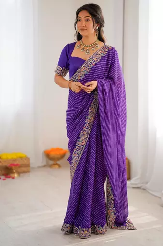 Purple thread & sequins embroidered faux georgette bandhani print saree with unstitched banglori silk blouse