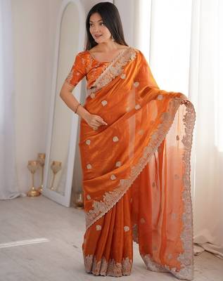 Orange zari embroidered fendy crush saree with hotfix work and unstitched blouse 1