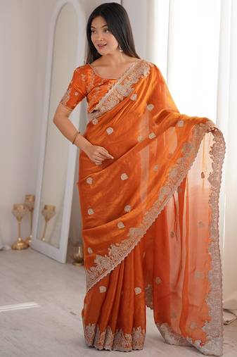 Orange zari embroidered fendy crush saree with hotfix work and unstitched blouse
