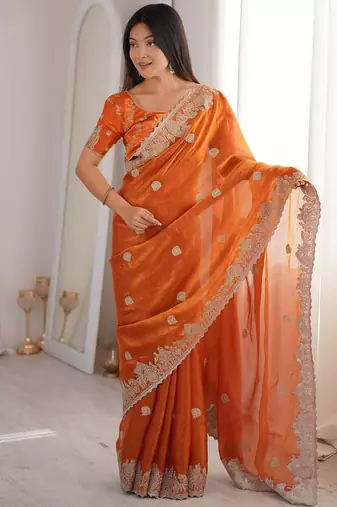 Orange zari embroidered fendy crush saree with hotfix work and unstitched blouse