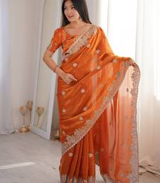 Orange zari embroidered fendy crush saree with hotfix work and unstitched blouse