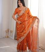 Orange zari embroidered fendy crush saree with hotfix work and unstitched blouse