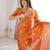 Orange zari embroidered fendy crush saree with hotfix work and unstitched blouse