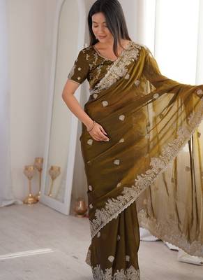 Olive green zari embroidered crush tissue saree with hotfix work and unstitched blouse 1