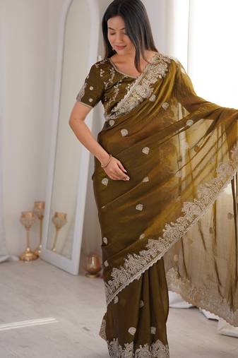 Olive green zari embroidered crush tissue saree with hotfix work and unstitched blouse