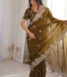 Olive green zari embroidered crush tissue saree with hotfix work and unstitched blouse