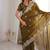 Olive green zari embroidered crush tissue saree with hotfix work and unstitched blouse