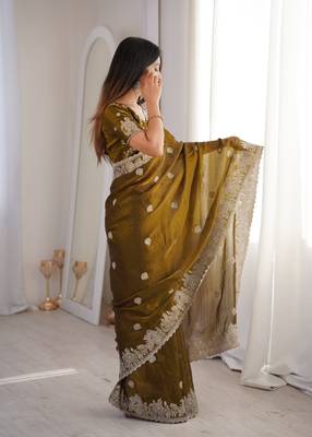 Olive green zari embroidered crush tissue saree with hotfix work and unstitched blouse 2