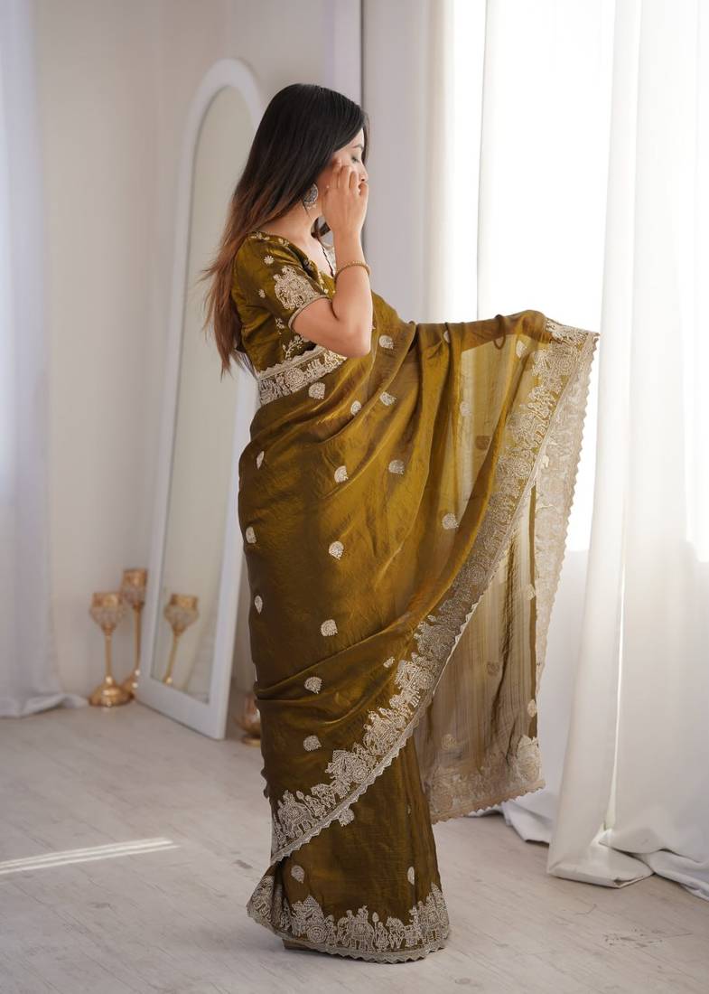 Olive green zari embroidered crush tissue saree with hotfix work and unstitched blouse