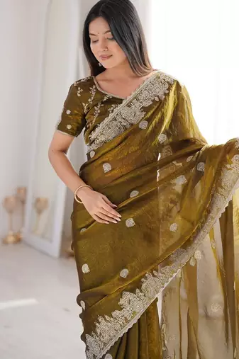 Olive green zari embroidered crush tissue saree with hotfix work and unstitched blouse