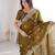Olive green zari embroidered crush tissue saree with hotfix work and unstitched blouse