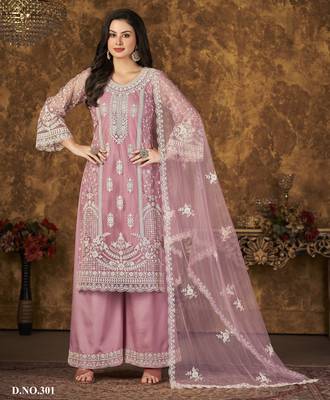 Elegant Blossom Pink Heavy Cording Work Net Salwar Suit 1