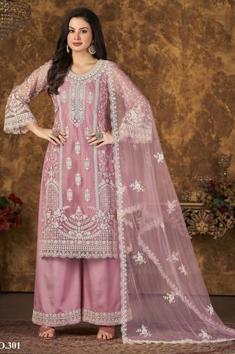 Elegant Blossom Pink Heavy Cording Work Net Salwar Suit