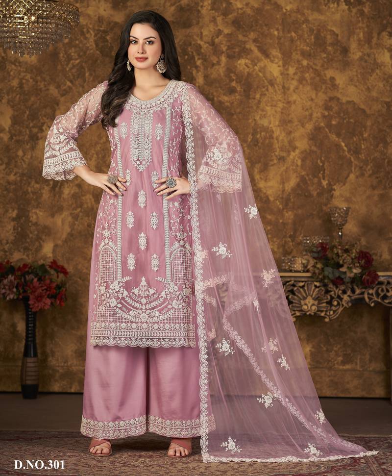 Elegant Blossom Pink Heavy Cording Work Net Salwar Suit