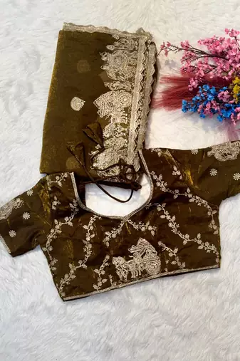 Olive green zari embroidered crush tissue saree with hotfix work and unstitched blouse