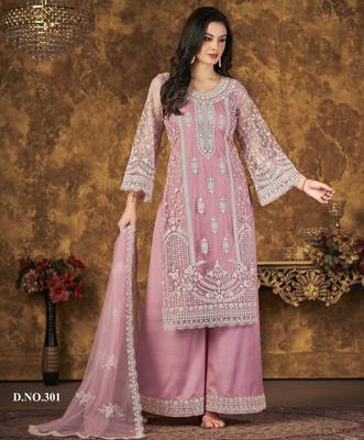 Elegant Blossom Pink Heavy Cording Work Net Salwar Suit 2