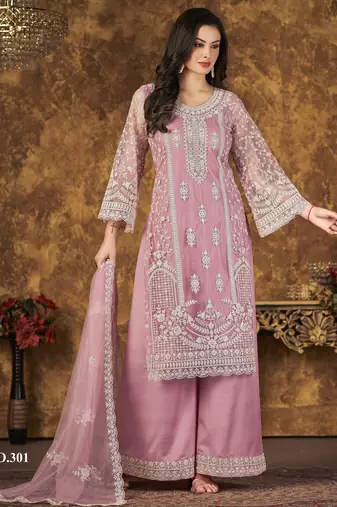Elegant Blossom Pink Heavy Cording Work Net Salwar Suit