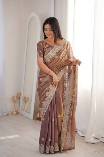 Coffee brown zari embroidered crush tissue saree with hotfix work and unstitched blouse