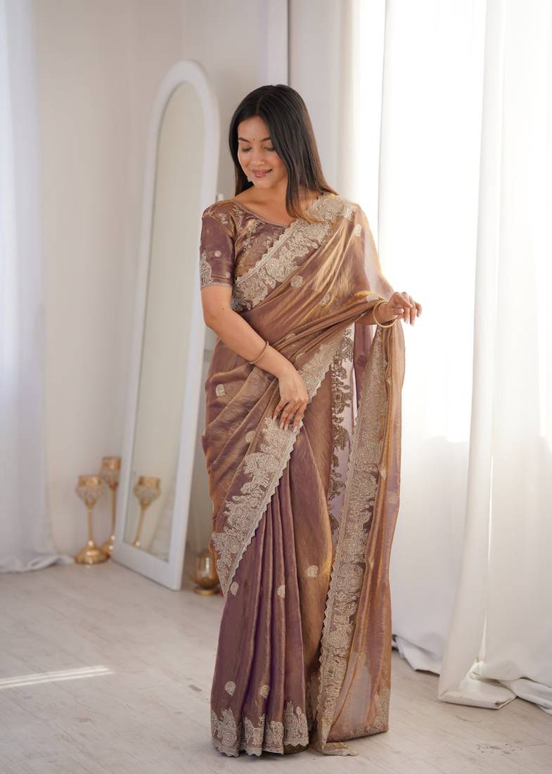Coffee brown zari embroidered crush tissue saree with hotfix work and unstitched blouse
