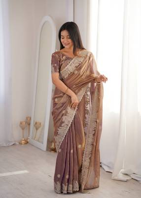 Coffee brown zari embroidered crush tissue saree with hotfix work and unstitched blouse 1