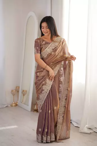 Coffee brown zari embroidered crush tissue saree with hotfix work and unstitched blouse