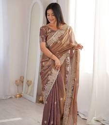Coffee brown zari embroidered crush tissue saree with hotfix work and unstitched blouse