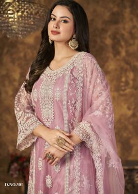 Elegant Blossom Pink Heavy Cording Work Net Salwar Suit 3