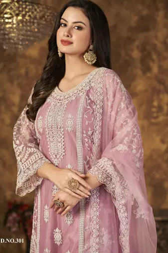 Elegant Blossom Pink Heavy Cording Work Net Salwar Suit