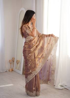 Coffee brown zari embroidered crush tissue saree with hotfix work and unstitched blouse 2