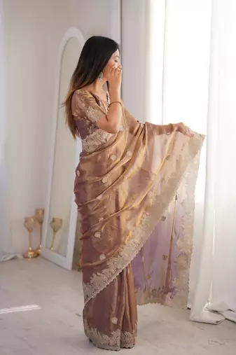 Coffee brown zari embroidered crush tissue saree with hotfix work and unstitched blouse