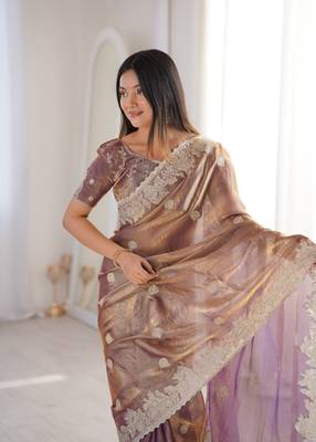 Coffee brown zari embroidered crush tissue saree with hotfix work and unstitched blouse 3