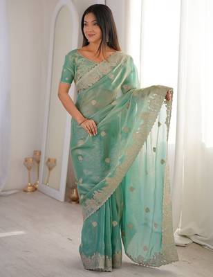 Sea green embroidered organza saree with zari border & unstitched blouse 1