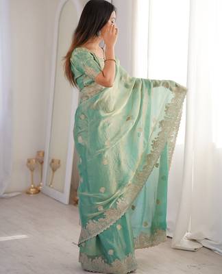 Sea green embroidered organza saree with zari border & unstitched blouse 2