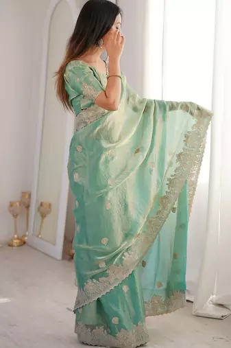 Sea green embroidered organza saree with zari border & unstitched blouse