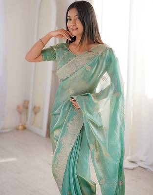 Sea green embroidered organza saree with zari border & unstitched blouse 3