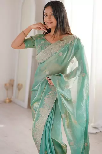 Sea green embroidered organza saree with zari border & unstitched blouse
