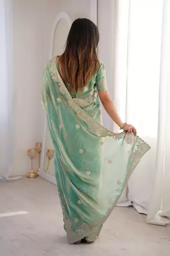 Sea green embroidered organza saree with zari border & unstitched blouse