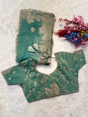 Sea green embroidered organza saree with zari border & unstitched blouse 5
