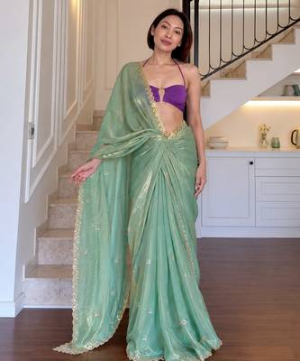 Sea green fendy silk thread & sequence work designer saree with unstitched banglory blouse 1