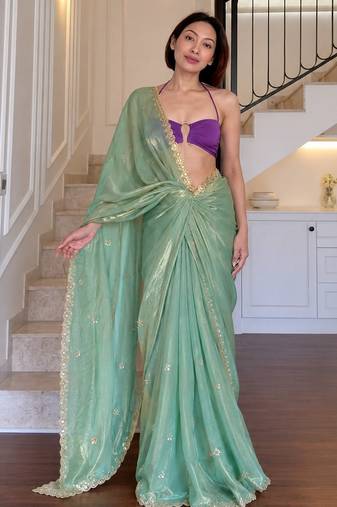 Sea green fendy silk thread & sequence work designer saree with unstitched banglory blouse