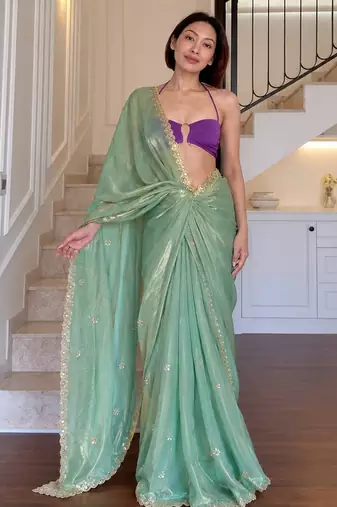 Sea green fendy silk thread & sequence work designer saree with unstitched banglory blouse