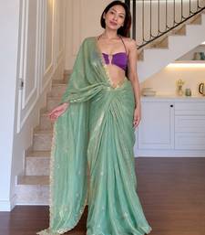 Sea green fendy silk thread & sequence work designer saree with unstitched banglory blouse