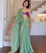 Sea green fendy silk thread & sequence work designer saree with unstitched banglory blouse