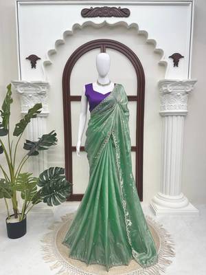 Sea green fendy silk thread & sequence work designer saree with unstitched banglory blouse 2