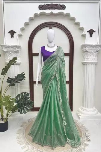 Sea green fendy silk thread & sequence work designer saree with unstitched banglory blouse