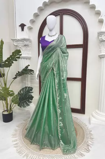 Sea green fendy silk thread & sequence work designer saree with unstitched banglory blouse