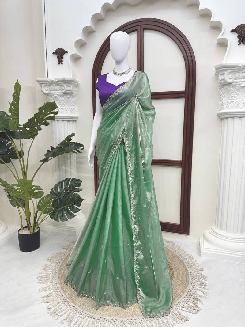 Sea green fendy silk thread & sequence work designer saree with unstitched banglory blouse