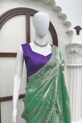 Sea green fendy silk thread & sequence work designer saree with unstitched banglory blouse